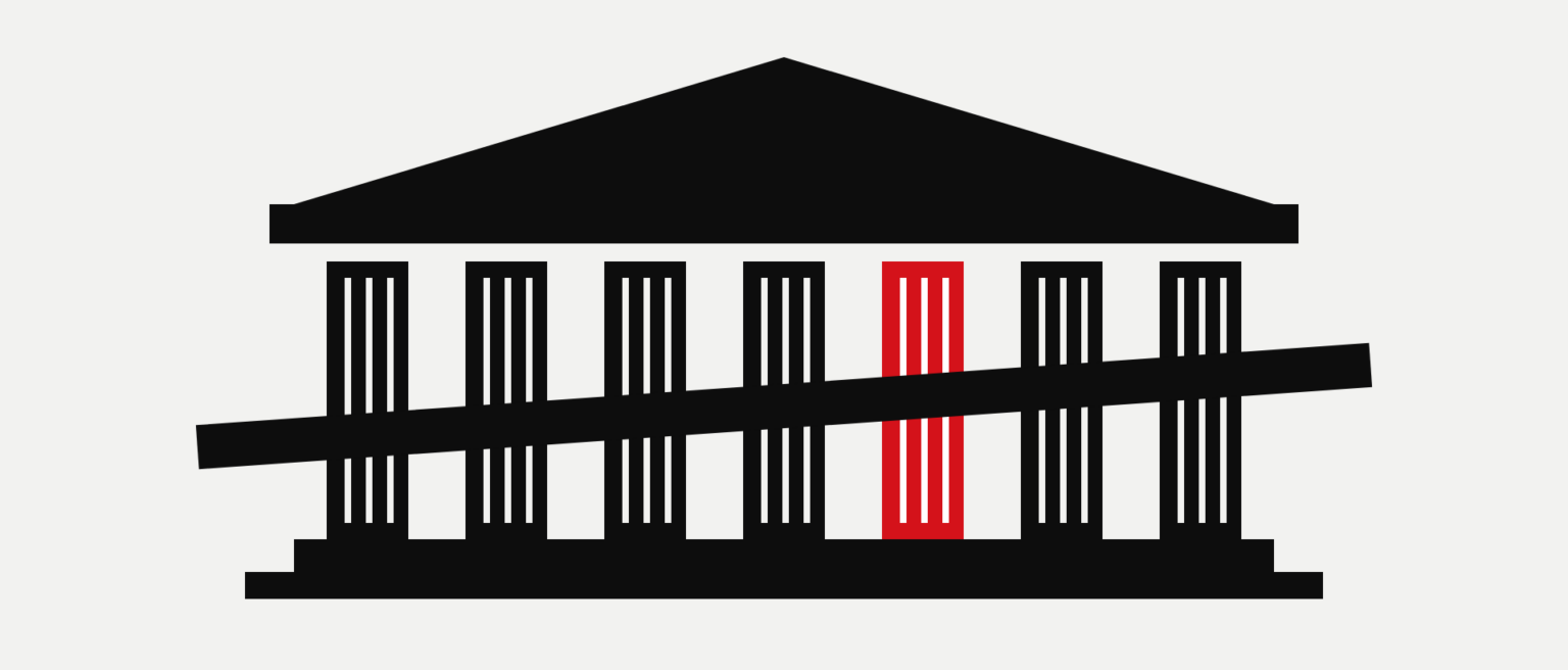 Illustration: a legislature facade with one column rewritten in red