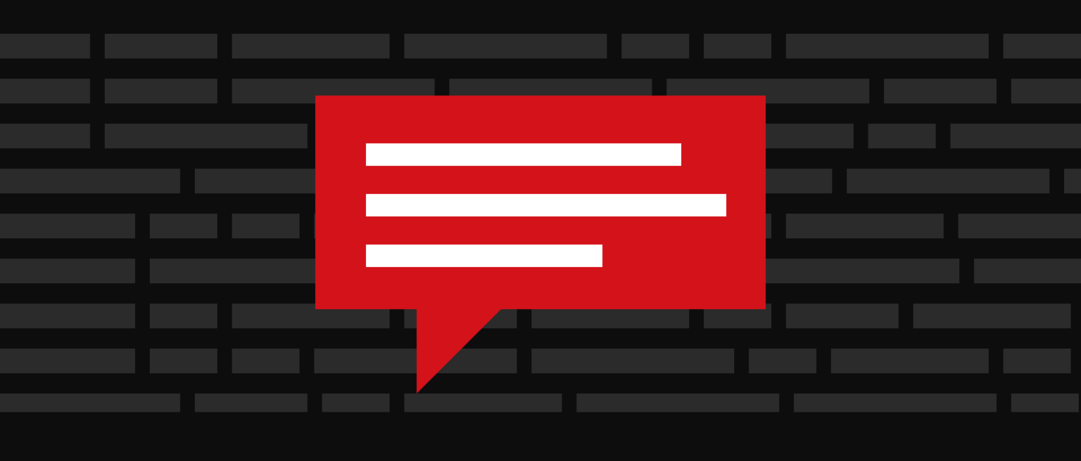 Illustration: a red speech bubble breaking through a wall of redaction bars